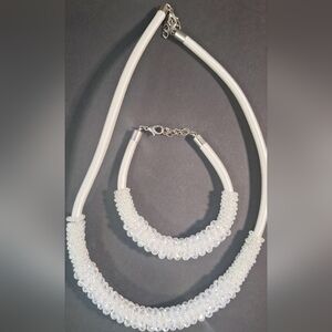 White Polyester Rope Crystal Beaded Necklace And Bracelet Set Silvertone